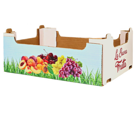 Cassetta in cartone Flapp azzurra stampa La buona frutta per ortofrutta