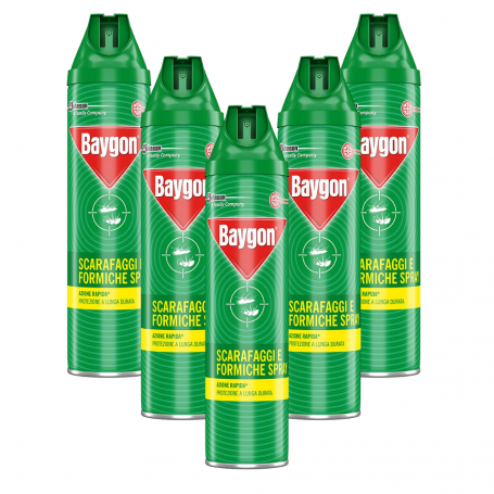 Baygon Insetticida spray Scarafaggi e Formiche formula Plus 5 Flaconi da 400 ml