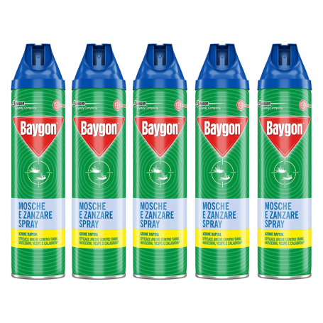 Baygon Insetticida Spray Mosche e Zanzare formula Plus 5 Flaconi da 400 ml